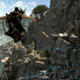 A screenshot from Forspoken depicting the protagonist jumping through a rocky terrain.